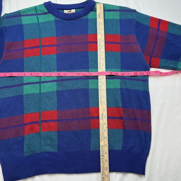 Vintage Winona Knits Mens L Plaid Sweater Grandpa Pullover Blue Green Red Check - Picture 6 of 7